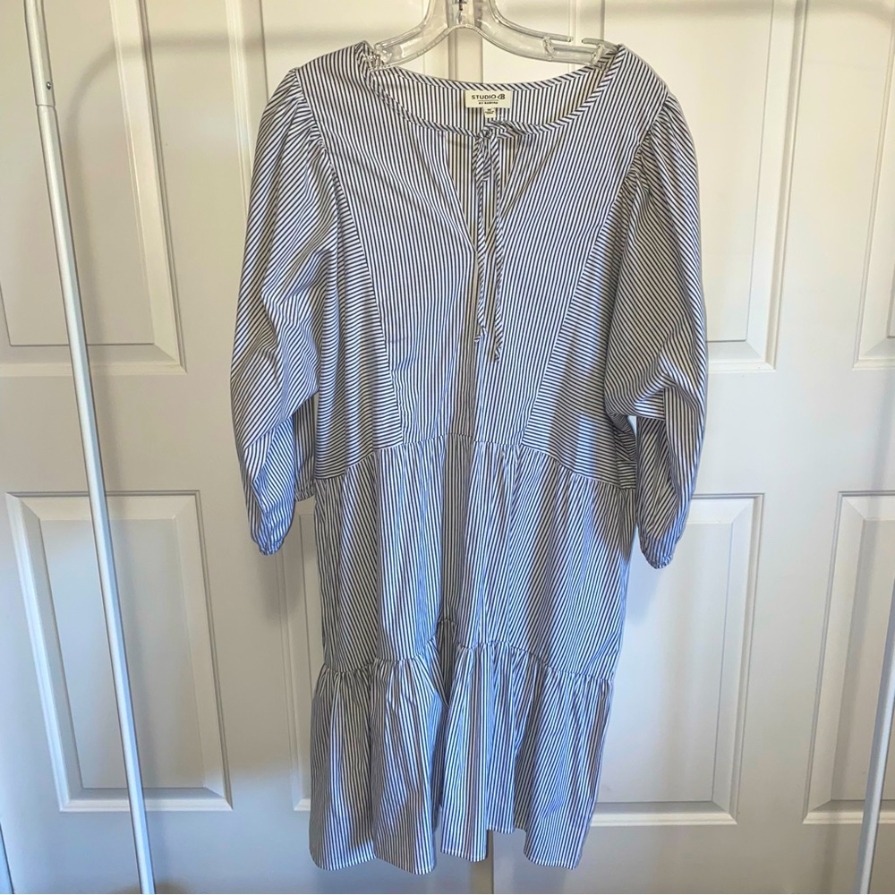 Bobeau Studio B cotton striped coastal nautical flowy billowy sleeve midi dress